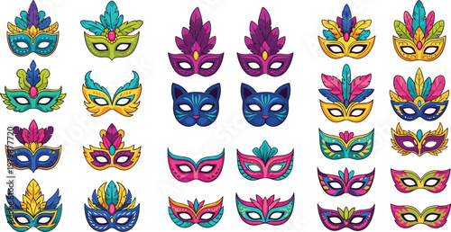 Colorful Carnival Masks Collection with Decorative Feather Masquerade Party Masks Set for Festival Celebration Costume Design Vector Illustration
