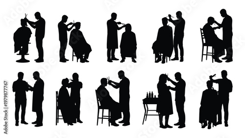 A collection of silhouettes depicting various barber shop scenes with customers receiving haircuts and grooming services high quality professional detailed modern