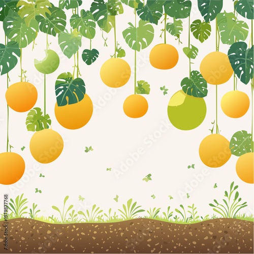 Decorative cartoon backdrop featuring ripe golden fruits dangling amidst verdant tropical foliage