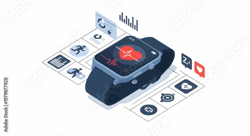 Modern Isometric Smartwatch for Health Tracking and Fitness Monitoring, Featuring Heart Rate Pulse and Biometric Data Analytics