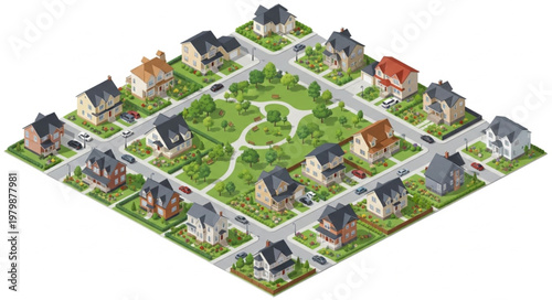 Suburban Neighborhood Aerial View with Houses and Park.