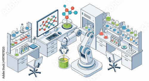 Isometric Automated Science Laboratory with Robotic Arms and Chemical Research Equipment