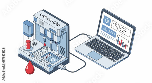 Isometric Medical Lab-on-a-Chip Technology Illustration showing Blood Sample Analysis and Diagnostic Data on Laptop Screen for Biotechnology and Healthcare Research