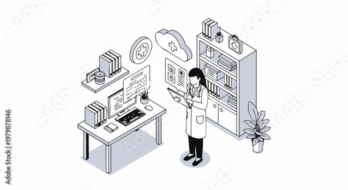 Medical Healthcare Technology Isometric Illustration with Female Doctor Using Tablet for Cloud Data and Electronic Health Records Management