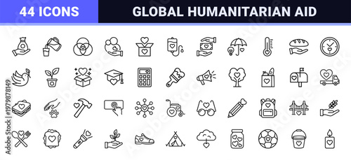 Charity and donation minimalist line icons set for social support and volunteering.