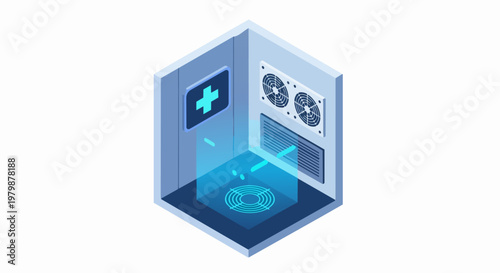 Isometric Futuristic Medical Laboratory Interior with Glowing Blue Hologram and Medical Cross Icon