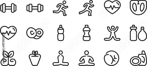 Collection of simple linear fitness and wellness icons for health tracking and active lifestyle applications