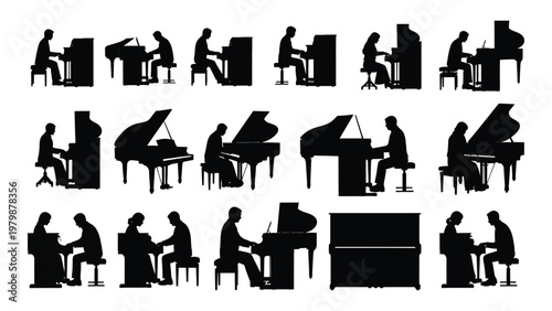 A collection of silhouetted figures playing various types of pianos showcasing musical performance and artistry in black high quality professional detailed