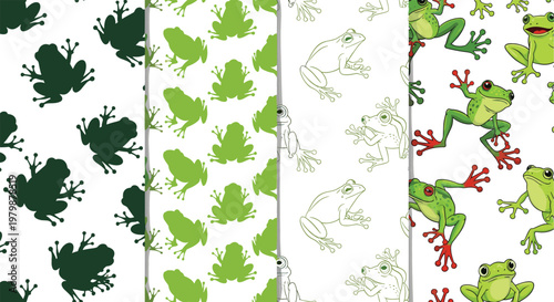 Frog Seamless Pattern Collection with Green Tree Frogs Silhouettes and Detailed Amphibians Repeating Background Designs for Nature Wildlife Vector Illustration Set
