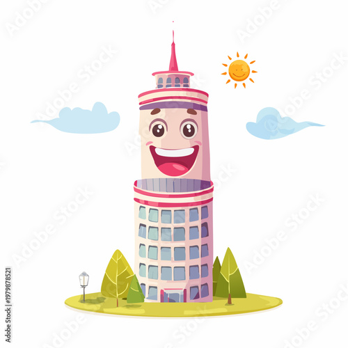 Smiling building with a happy face on top under a sunny sky