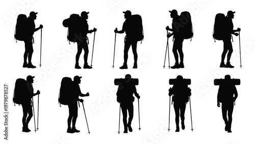 A collection of black silhouettes depicts hikers with backpacks and trekking poles showcasing various poses and perspectives high quality professional detailed