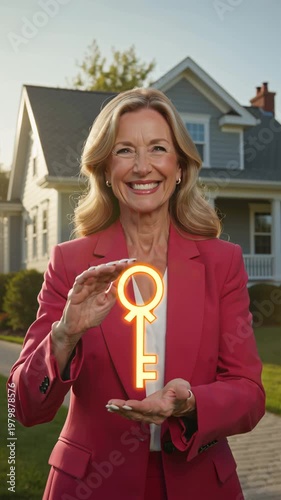A female realtor holds a key in his hand, outdoor