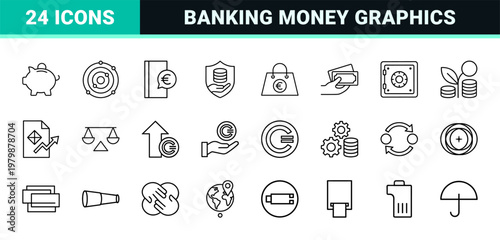 Euro finance and banking outline icon collection