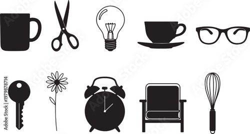 black icons of everyday objects on white background