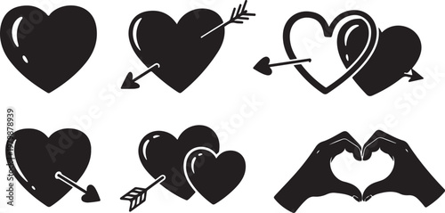 Black heart icons with arrows and hands on white background