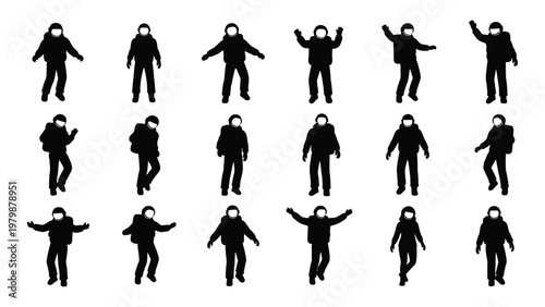 A grid of black silhouettes depicts numerous individuals wearing hooded jackets and face coverings all in various poses high quality professional