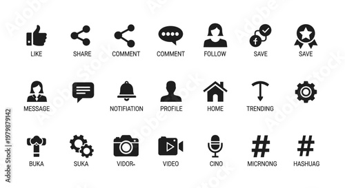 Social media icons and symbols.