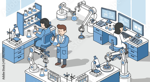 This isometric vector illustration depicts a high-tech science laboratory where researchers and robotic arms collaborate using advanced equipment.