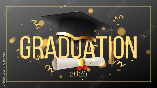 Concept of Graduation Ceremony Banner. Vector background with realistic graduation cap, golden confetti, diploma scroll. Banner for for graduation of college, school, university or degree ceremony. 
