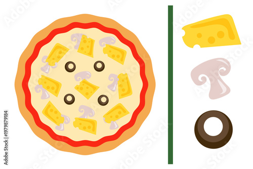 Top view of pizza with cheese, mushrooms, and olives on white background