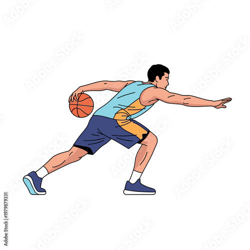 Athletic man dribbling basketball in dynamic pose, sports illustration