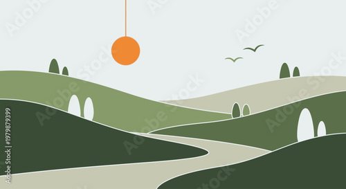 Sun Hanging Over Green Hills.