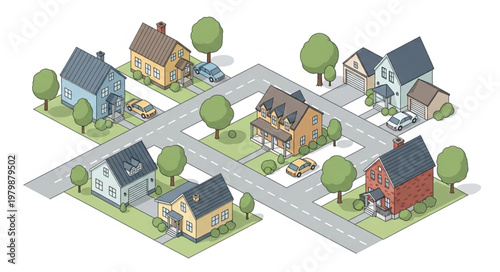 Suburban Neighborhood Houses Street Cars Trees Isometric View.