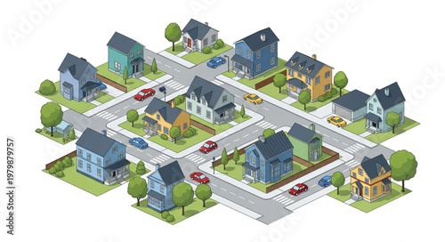 Suburban Neighborhood Houses Street Cars Trees Isometric View.