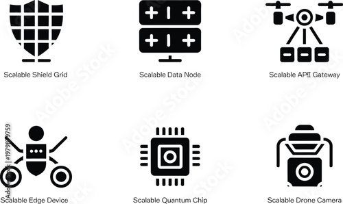 Set of six modern technology icons representing scalable infrastructure computing hardware and advanced digital drone systems