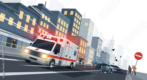 An ambulance rushing to an accident scene in a busy city, illustrating an emergency response