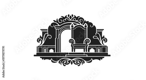 Throne set within an ornate architectural archway evokes a sense of royal history.
