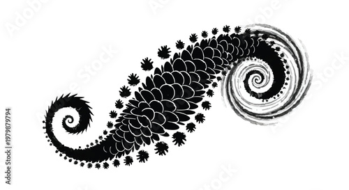 Fern frond with spiral patterns showcases the intricate geometry of natural forms.