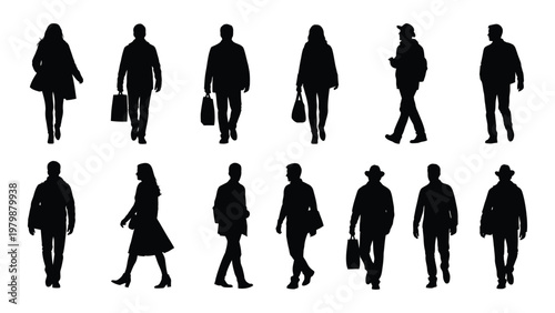 A collection of twelve black silhouettes depicting people walking in various casual outfits and poses against a white background high quality