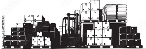 Industrial Warehouse with Stacked Containers and Forklift Silhouette