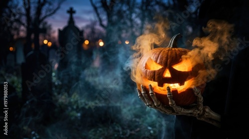 Creepy skeleton hands holding a glowing and smoking jack-o-lantern pumpkin in a dark graveyard