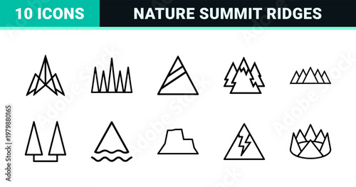 Minimalist mountain peak and outdoor nature landscape outline icon set.