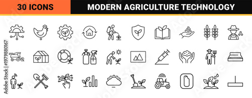 Smart agriculture and food production technology outline icons