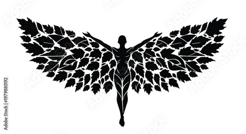 Human silhouette with leaf wings stands as a symbol of growth and natural harmony.