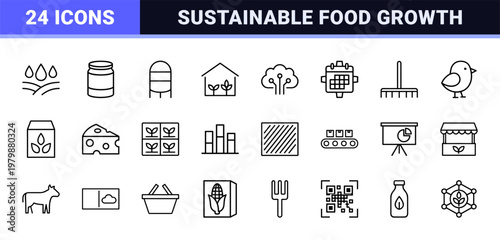 Smart agriculture and food production industrial line icon set