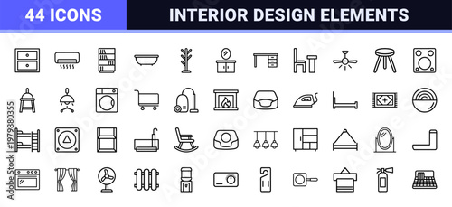 Home furniture and domestic appliance minimalist line icon set.