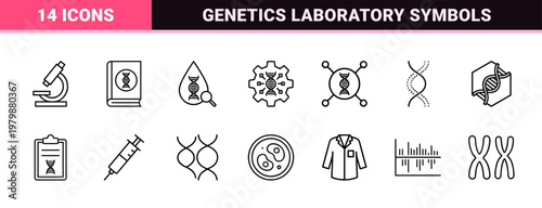 Minimalist genetics and dna research line icons for biotechnology.