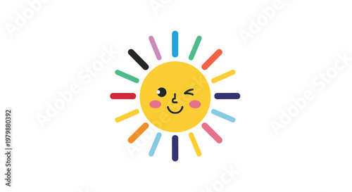 Cheerful and cute winking sun character with a smiling face and vibrant multicolored rays on a white background.
