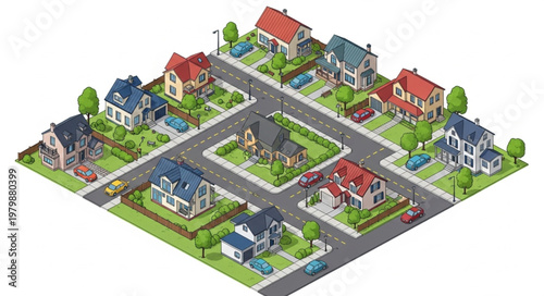 Suburban Neighborhood Isometric View Houses Street Cars Trees.