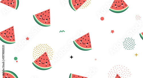 Cute seamless summer pattern with smiling cartoon watermelon slices and abstract geometric shapes on a white background.