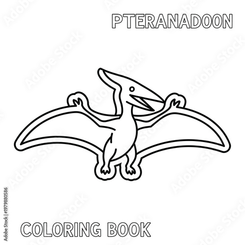 A black and white outline drawing of a Pteranodon, a flying dinosaur, suitable for a coloring book page.