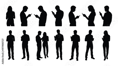 A collection of black silhouettes depicting people engrossed with their smartphones in various postures and groupings high quality professional detailed modern