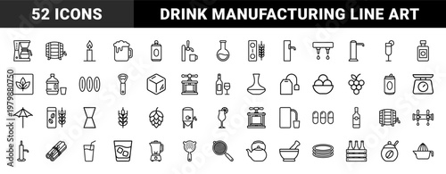 Beverage production and brewery equipment line icons