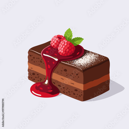 A delicious slice of chocolate cake topped with raspberry sauce and fresh raspberries, dusted with powdered sugar.