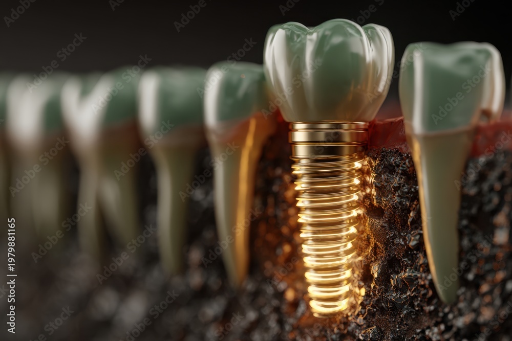 Fototapeta premium Row of Dental Implants in Gum Tissue Cross-Section with Gold Screw and Glowing Crown for Dental Advertising