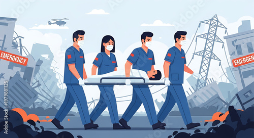 Emergency medical personnel carry injured patient through disaster-stricken city with damaged buildings and power lines